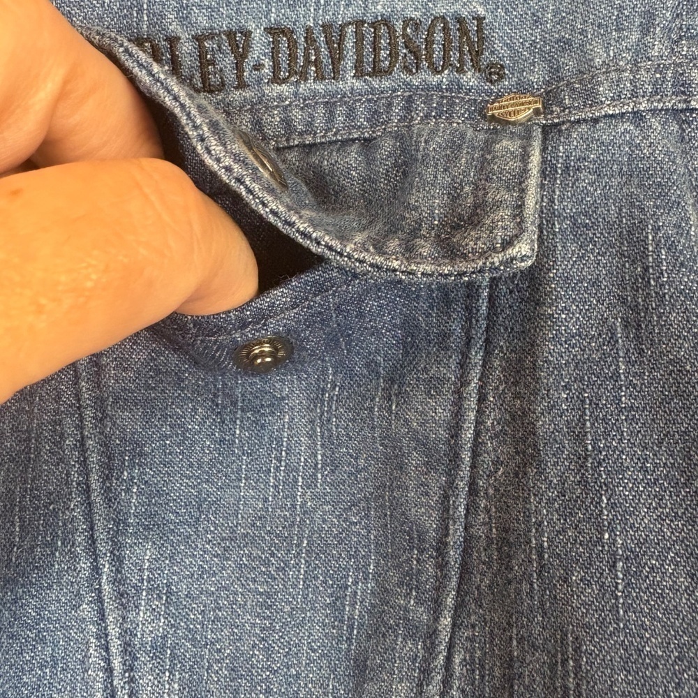 Harley Davidson Denim Long Sleeve Button Down Shirt w/ Silver Shimmer Embroidery - Picture 7 of 11
